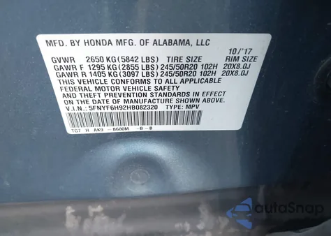2017 Honda Pilot Touring from USA, damaged, VIN 5FNYF6H92HB082320